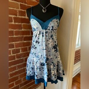 F.A.N.G. Blue Floral Tiered Mini Dress XS Y2K Fairycore Ruffle Hem Cottagecore